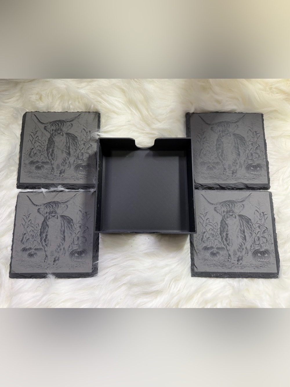 Halloween Highland Cow Slate Coaster Set of 4 with Holder - Black - Picture 2 of 3